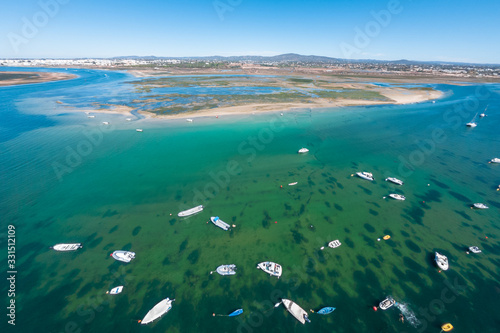 Aerial view of Armona Island, Ria Formosa, Algarve, Portugal.