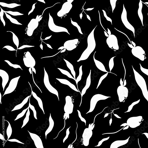 seamless abstract white Botanical pattern leaves on black background