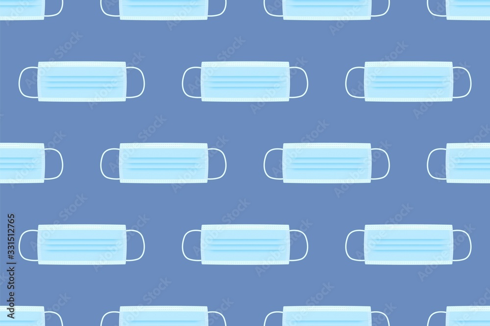 Medical mask seamless pattern realistic vector illustration. Blue breathing respiratory mask. Protection against viruses and disease. Hospital protect face mask on blue background. Medical mask seamless pattern realistic vector illustration. Blue breathing respiratory mask. Protection against viruses and disease. Hospital protect face mask on blue background.