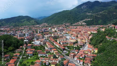 Aerial view of Massa, a city located at the foot of the Apuan Alps Regional Natural Park in the Apennines in Tuscany, Carrara. Italy