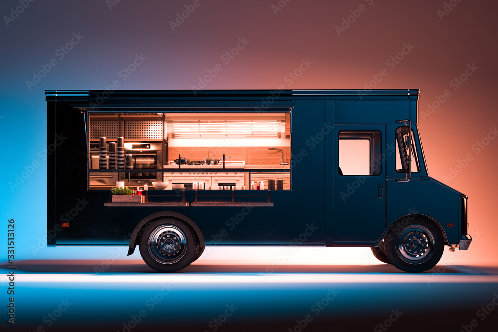 Side View of Black Food Truck With Detailed Interior Isolated on Illuminated Background. Takeaway food. 3d rendering. - obrazy, fototapety, plakaty 