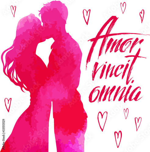 Vector set : kissing couple in love. Young man and woman. Watercolor effect. Hand written lettering love wins all in latin. Red, pink ,romantic design for cards, poster, wedding invitation.