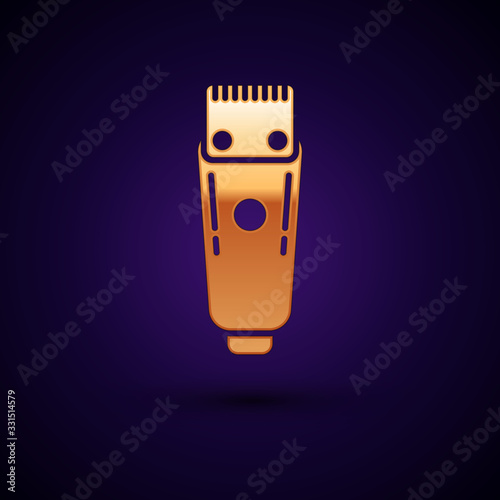 Gold Electrical hair clipper or shaver icon isolated on dark blue background. Barbershop symbol. Vector Illustration