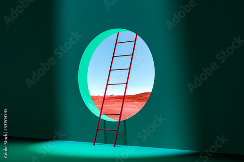 Green Room With Round Window With Beautiful View to Desert and Ladder to Outside. 3d rendering. Mental Work