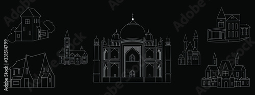 Wallpaper Mural Architecture Set. The Taj Mahal is a mausoleum in Agra, Uttar Pradesh, India. Famous Architectural Monument. Simple Negative outline vector icon for web and advertising isolated on black. Torontodigital.ca