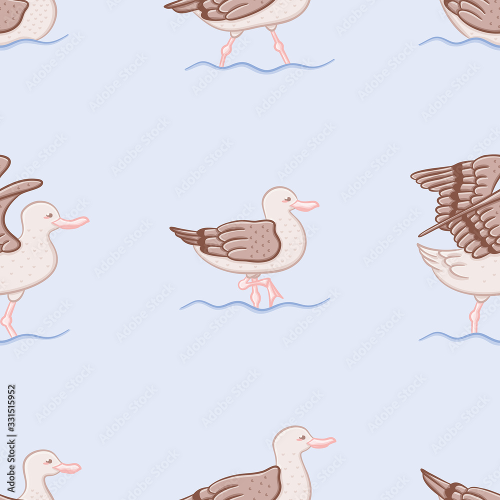 Cute seagulls seamless vector pattern. Doodle seaside birds illustration background. Cute seagulls seamless vector pattern. Doodle seaside birds illustration background.