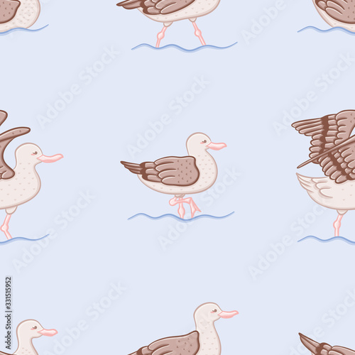 Cute seagulls seamless vector pattern. Doodle seaside birds illustration background. 