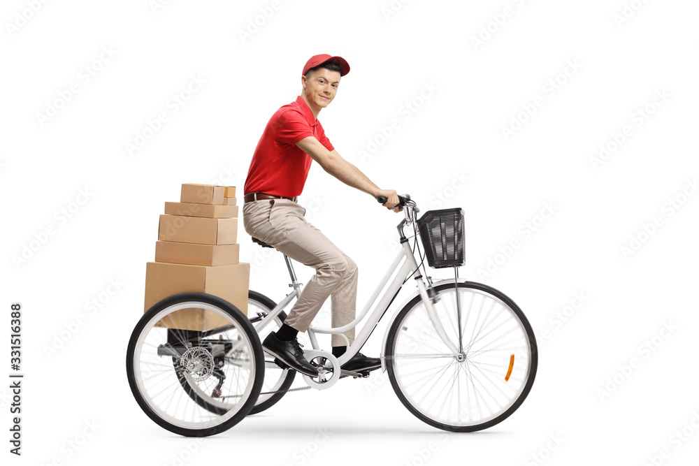 Delivery guy riding a tricycle and delivering boxes Delivery guy riding a tricycle and delivering boxes