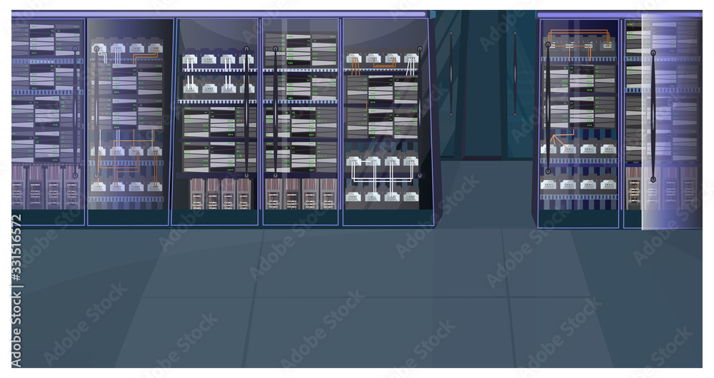 Data processing center. Server room, database, computer, nas. Information technology concept. Realistic illustration for topics like storage, IT infrastructure, datacenter, telecommunication.