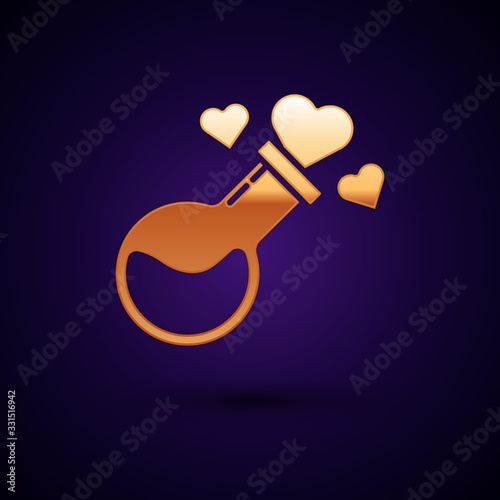 Gold Bottle with love potion icon isolated on dark blue background. Valentines day symbol. Vector Illustration