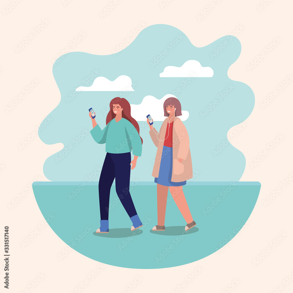 Girls with smartphones and clouds vector design