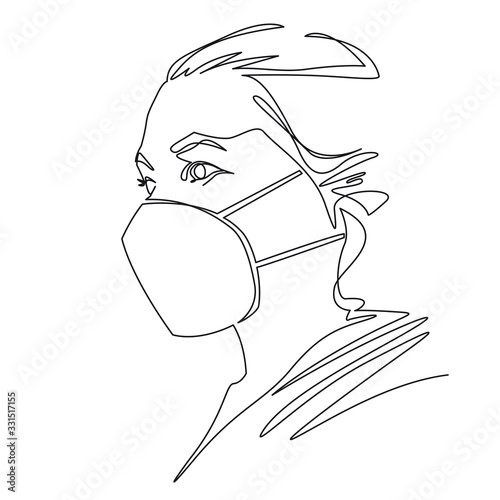 One line drawing of woman wearing disposable medical face mask to protect against high air toxic pollution city. Stop the spread of viruses, help prevent hand-to-mouth transmissions. Vector
