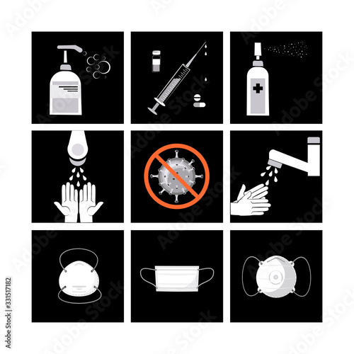 Set icons. COVID-19 warning. Protection, disinfection. Vector illustration for science and medical use, informing, preventing spreading infections.	