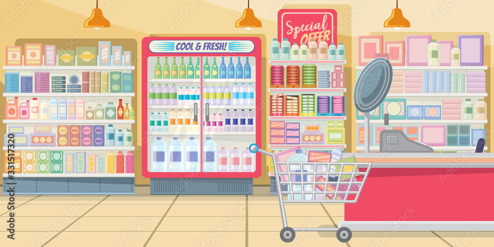 Supermarket with food shelves illustration. Modern shop in pink color with full shopping cart at cashier. Interior illustration