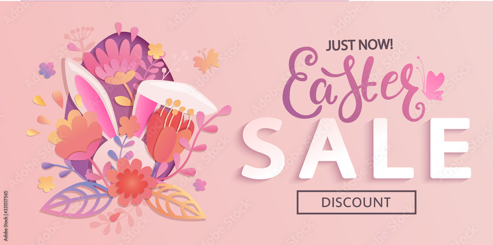 Just now Easter sale flyer, banner, card with papercut egg, beautiful flowers and rabbits ears. Big discounts on holidays. Poster, placard.Template for your design. Vector illustration.