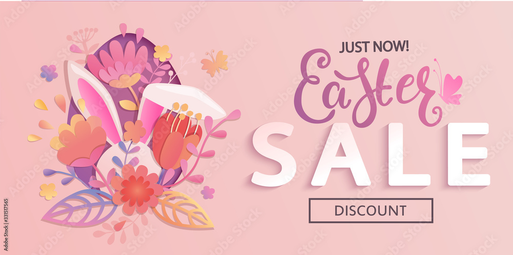 Fototapeta premium Just now Easter sale flyer, banner, card with papercut egg, beautiful flowers and rabbits ears. Big discounts on holidays. Poster, placard.Template for your design. Vector illustration.