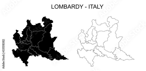 Lombardy Map Vector - Blank Map of Lombardy Region Italy Black Silhouette and Outline Isolated on White