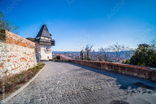 Schlossberg with Uhrturm in deserted town Graz at virus quarantine