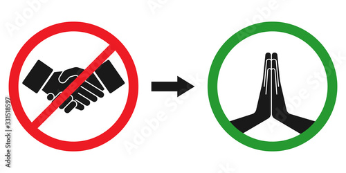 Raised hands in greeting, as an alternative to the traditional handshake. The concept of prevention of the spread of COVID-19 coronavirus . Vector stock illustration on a transparent background