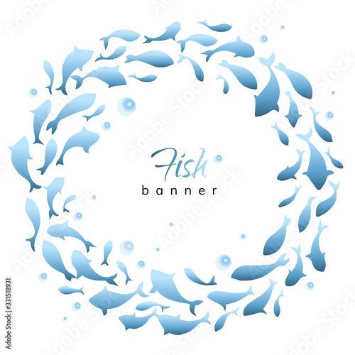 Blue banner with school of fish. Silhouettes of fish swimming in a circle. Logo design. Vector illustration.