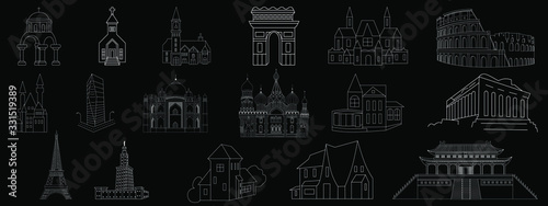 Big Architecture Outline Buildings Set. Vector icon for web and advertising isolated on black background. Element of culture and traditions.