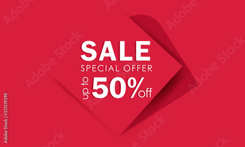 Summer sale template up to 50% off. Background ad with red color. Special 3d offer. Discount text offer for banner, poster, cover. Vector illustration.