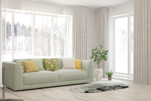 White living room with sofa and winter landscape in window. Scandinavian interior design. 3D illustration