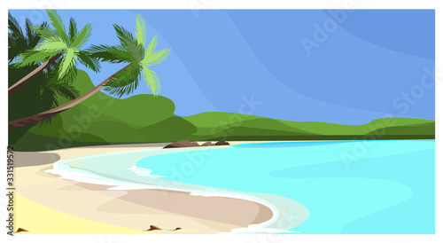 Beach coastline with palms illustration. Vacation space at sea. Paradise illustration