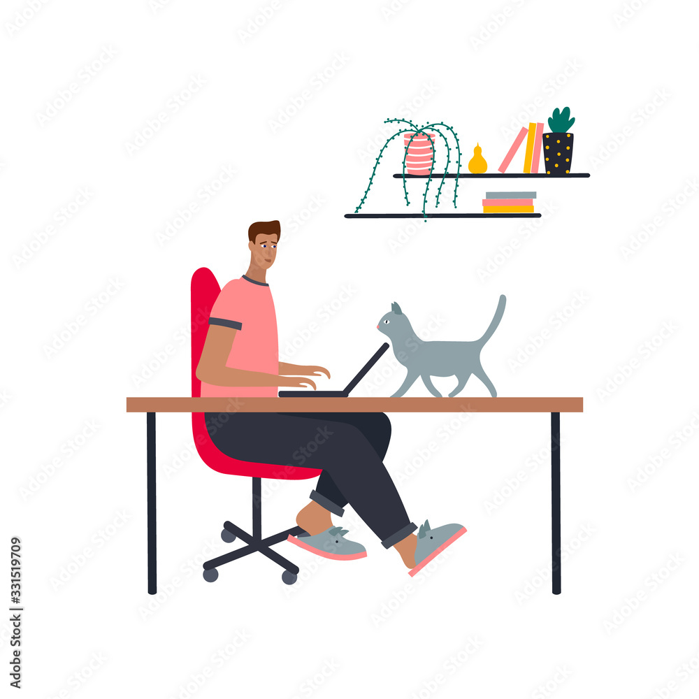 Person works home laptop flat vector illustration Person works home laptop flat vector illustration