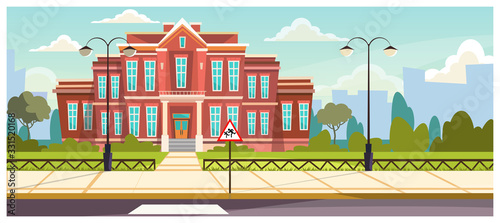 School building with small fence around. Brick building near road and warning sign. Education concept. Illustration can be used for topics like architecture, learning environment, boarding school