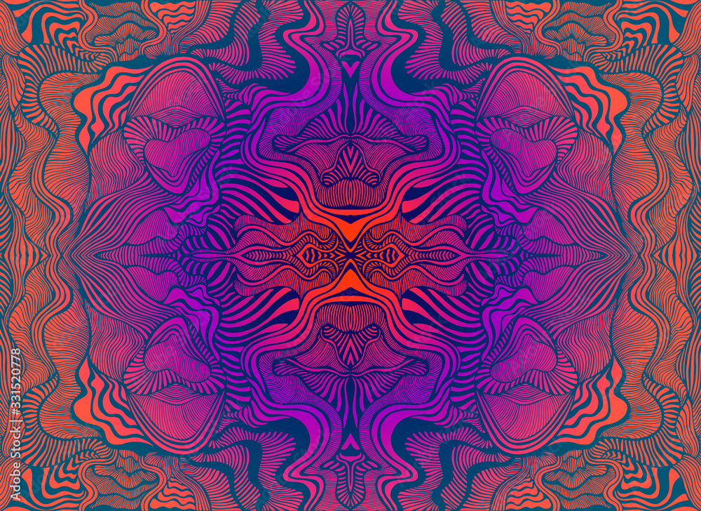 Bright psychedelic trippy fractal mandala, gradient orange pink violet blue color  background. Stock Vector | Adobe Stock