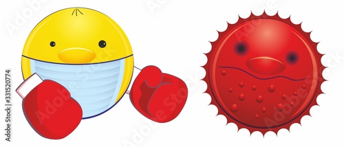 A smiley face with a medical mask over its mouth and Boxing gloves fights the coronavirus. Sick frightened emoji with flu mask isolated on white background.