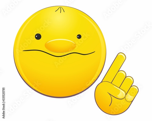 Happy emoji emoticon pointing with his finger. Emoticon face points with his finger. Indicative gesture. Cute smiling emoticon. Vector illustration.