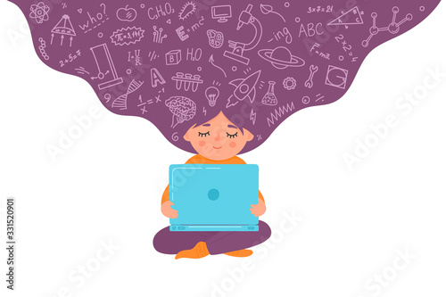 Online, distance children education. Girl working on laptop. Home schooling concept. Kid with educational doodle. Vector illustration.