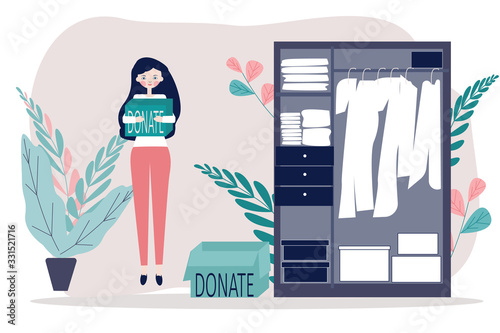 Donate clothes. Illustration in flat of Women or volunteer standing near the her cupboard with donation boxes. Volunteering, charity, goodwill concept for banner, website design, landing web page