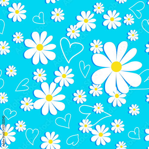 Vector romantic pattern background with daisies in a flat style. Seamless pattern of daisies on a colored background, children’s, print, textile, floral print