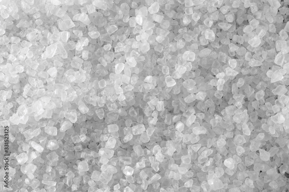 Coarse sea salt, texture or background, top view.
