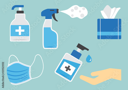 Disinfection. Hygiene. Set of sanitizer bottles, washing gel, spray, wet wipes, liquid soap, medical mask, napkins. Vector illustration
