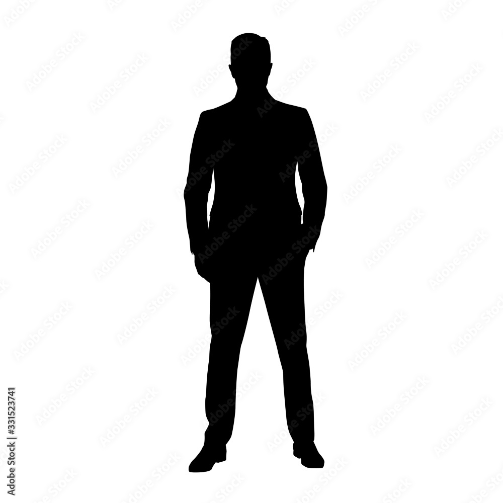 Businesmann in suit standing with hand in pocket, front view. Isolated vector silhouette. Business people
