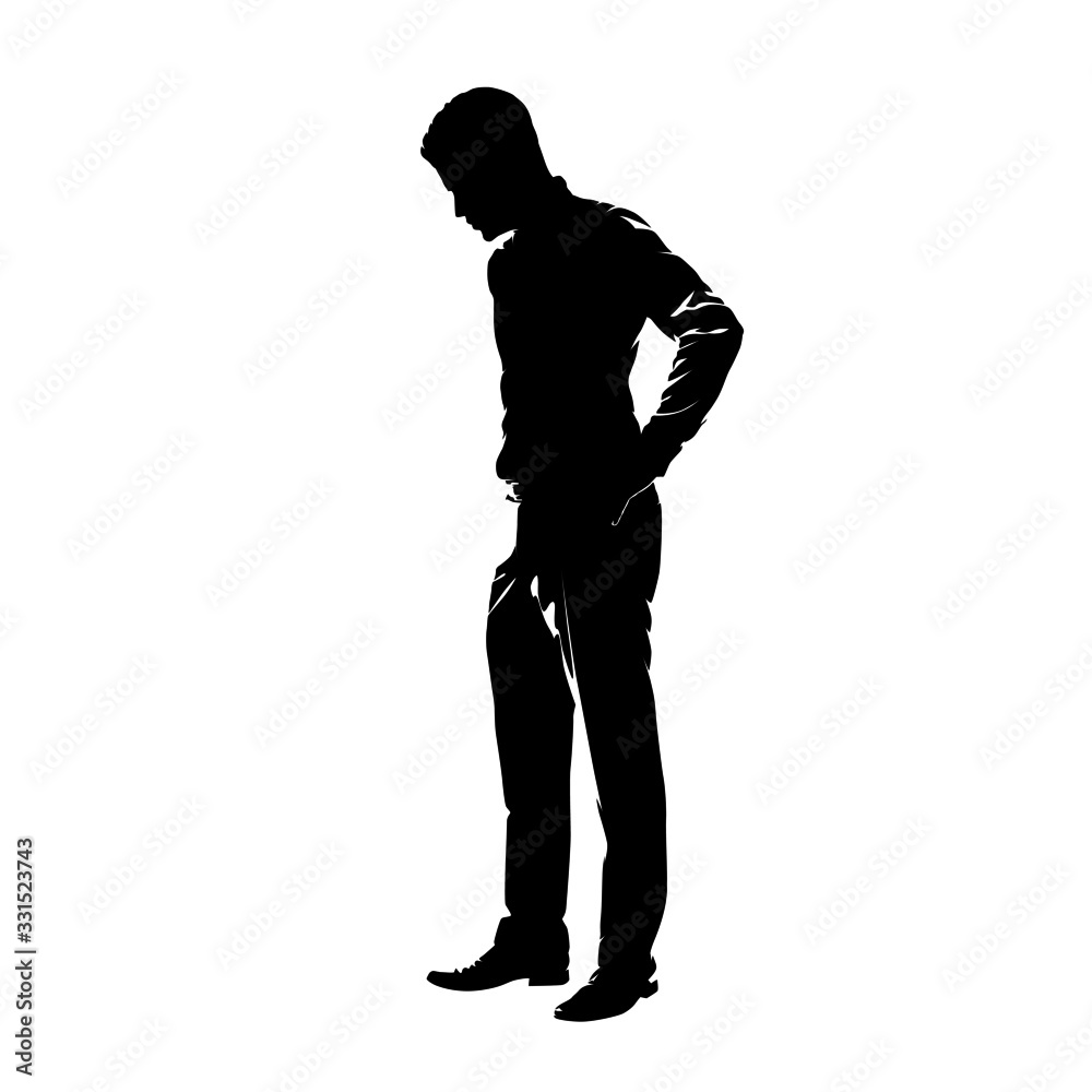 Sad businessman profile with hands on hips, crisis. Isolated vector silhouette, ink drawing. Side view Sad businessman profile with hands on hips, crisis. Isolated vector silhouette, ink drawing. Side view