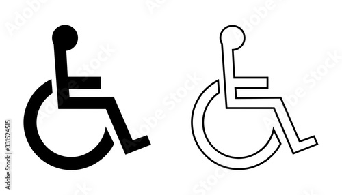 Wheel Chair Icon Sign Symbol Black Silhouette and Outline Vector Isolated on White