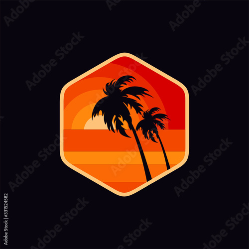 Vintage style sunset with palm tree silhouette logo or gesign icon template on black background. Vector illustration.