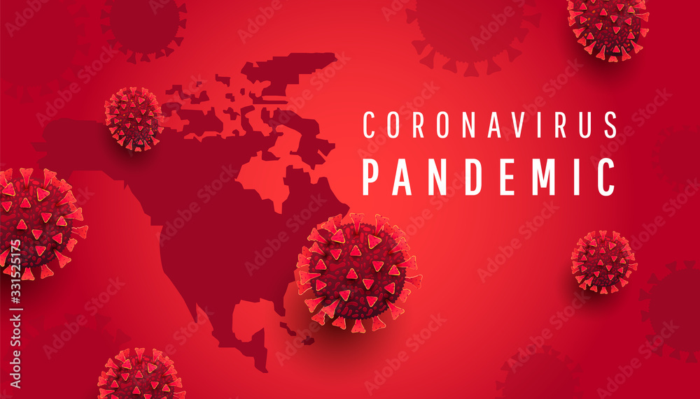 north america map with text and virus bacteria on a red background. Novel coronavirus 2019-nCoV. Flu spreading of world, dangerous chinese ncov corona virus, omicron - obrazy, fototapety, plakaty 
