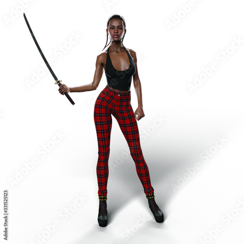 Black Woman with Katana Sword (Transparent with Shadows)