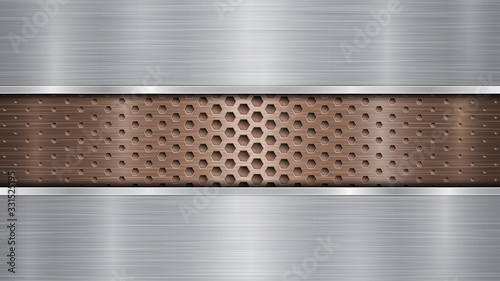 Background of bronze perforated metallic surface with holes and two horizontal silver polished plates with a metal texture, glares and shiny edges