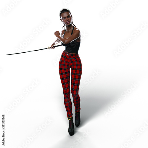 Black Woman with Katana Sword (Transparent with Shadows)
