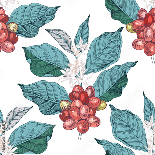 Seamless pattern with hand drawn coffee branches
