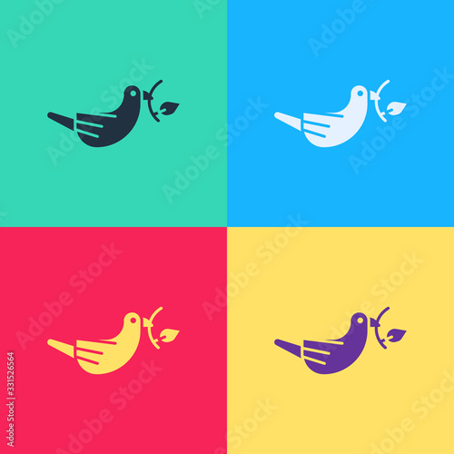 Pop art Peace dove with olive branch icon isolated on color background. Happy Easter. Vector Illustration