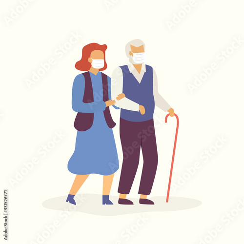 Nurse or relative walking with senior in medical masks to protective from virus or coronavirus or air pollutions.