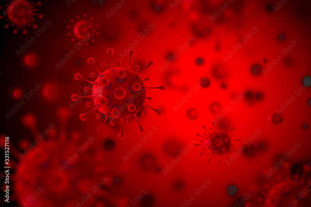 red coronavirus disease COVID-19 infection medical illustration.China pathogen respiratory influenza covid virus cells. in dark red background, digital paint.